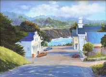 Load image into Gallery viewer, View from the hill down to the sea on a sunny day, with trees casting shadows, and clouds cooling the sky.