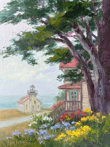 Garden under the old cypress tree overlooking the Point Cabrillo lighthouse