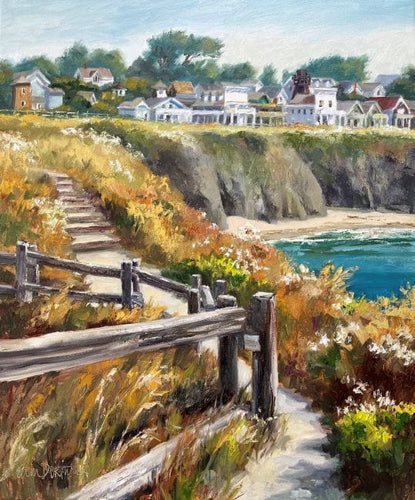 Mendocino village perched on the headlands, and the winding pathway up from the beach