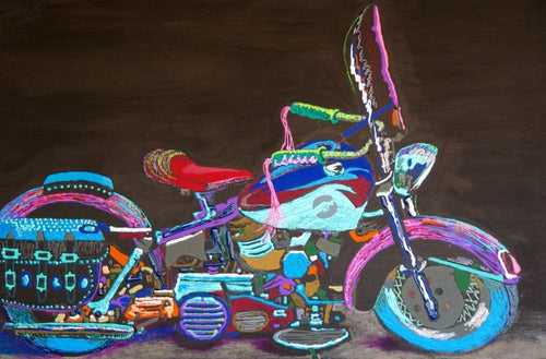 Wildly colorful motorcycle with pink streamers on the handlebars!