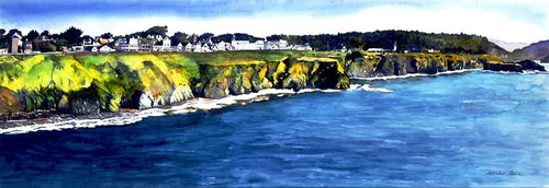A sunny day view of Mendocino Headlands with houses and trees in distance. Painted in shades of blue and green with white surf and houses.