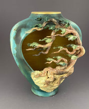 Load image into Gallery viewer, Large cutout vase with cypress tree in cutout, soft teal and green vase with gold interior and lip.