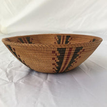 Load image into Gallery viewer, Side view of turned and scored wood bowl, hand painted inside and out with an authentic black and red Yokut design, (from the Four Corners area) This looks like a woven Native American basket, but is not.

