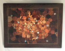 Load image into Gallery viewer, Over 100 kinds of wood and shell in a kaleidoscope effect of the big bang, framed in very deep dark wood with pale inlaid line. Wood inlay wall art .
