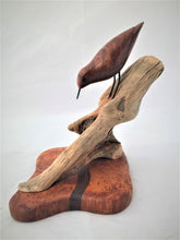 Load image into Gallery viewer, Shorebird of redwood burl facing down a perch of driftwood set on an inlaid redwood burl with a wenge wave through the base.