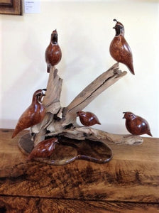 Large sculpture of six redwood burl quail perched on dripwood and a base of inlaid, figured woods