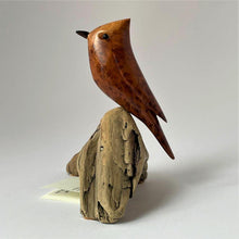 Load image into Gallery viewer, Redwood burl sculpture of titmouse on driftwood stand
