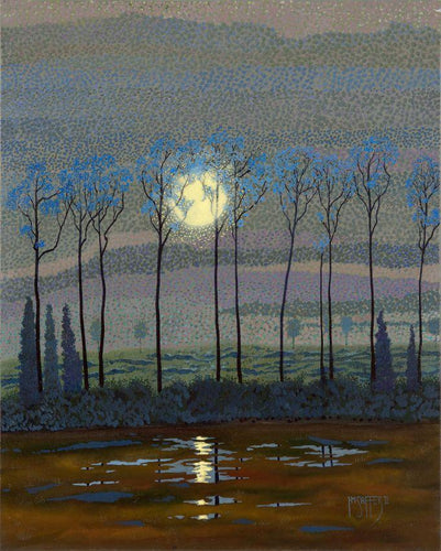 a mysterious moonlit night , full moon shining through thin trees and reflecting on  water in foreground, in blues and  russets.