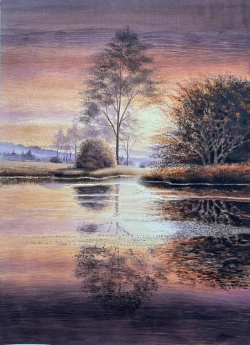 Trees and river scene with lavenders, and warm orange  tones