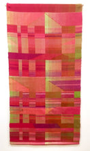 Load image into Gallery viewer, Double woven geometric wall wall hanging in reds, magenta, olive and lime.
