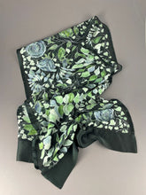 Load image into Gallery viewer, Blue-Grey Roses on Black Silk Hand-Painted Wrap/Scarf
