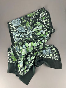 Blue-Grey Roses on Black Silk Hand-Painted Wrap/Scarf