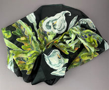 Load image into Gallery viewer, Calla Lilies on Black Silk Hand-Painted Wrap/Scarf
