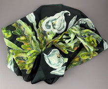 Load image into Gallery viewer, Calla Lilies on Black Silk Hand-Painted Wrap/Scarf