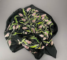 Load image into Gallery viewer, Deep pink Indian Paintbrush flowers bloom with graceful green leaves hand painted on sheer black silk
