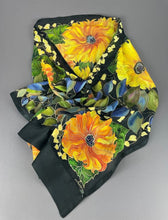 Load image into Gallery viewer, Sunflower Vine on Black Hand-Painted Silk Wrap/Scarf