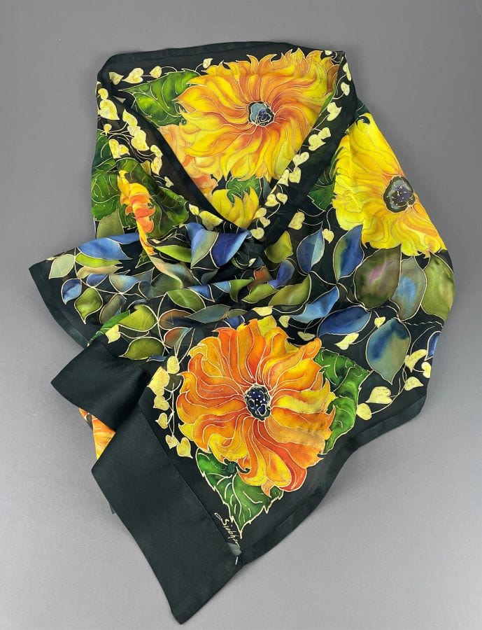Sunflower Vine on Black Hand-Painted Silk Wrap/Scarf