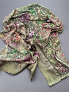 Lavender Roses on Green Hand-Painted Silk Wrap/Scarf