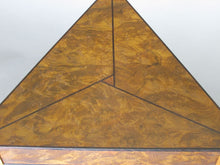 Load image into Gallery viewer, Laurel burl triangle table with triangular teak legs and wenge inlay details in the top and on legs.

