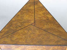 Load image into Gallery viewer, Laurel burl triangle table with triangular teak legs and wenge inlay details in the top and on legs.