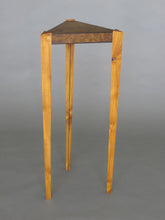 Load image into Gallery viewer, Laurel burl triangle table with triangular teak legs and wenge inlay details in the top and on legs
