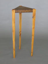 Load image into Gallery viewer, Laurel burl triangle table with triangular teak legs and wenge inlay details in the top and on legs