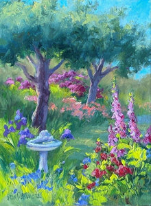 Apple Orchard birdbath, flowers galore in pinks, purple, coral