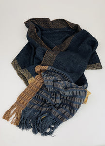 Handwoven Shawl/Scarf in Navy Gold and Tan