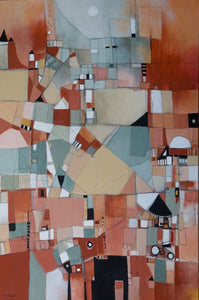 abstract geometric in shades of rust, soft grey-aqua, touches of black and soft gold