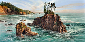 Soft green sea surrounds a sea stack with evergreen trees growing upon it