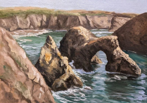 Mendocino's iconic arched rocks in earth tones, in a green sea.