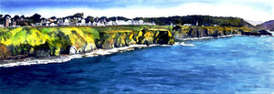 A sunny day view of Mendocino Headlands with houses and trees in distance. Painted in shades of blue and green with white surf and houses.