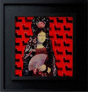 Mona Lisa's face in a Spanish Dona's mantilla with rose and fan. Background is red with black bulls parading behind her.