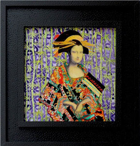 Mona Lisa in colorful Japanese kimono and headdress with bamboo background.