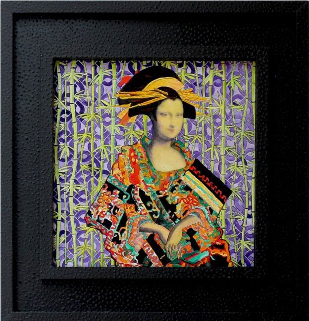 Mona Lisa in colorful Japanese kimono and headdress with bamboo background.