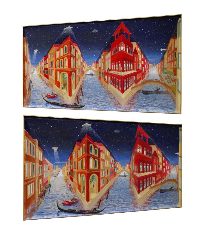 3-D painting of a gondola in Venice under mysterious happenings in the night skies. Red and yellow buildings, deep blue night sky and pale blue water sparkling. 