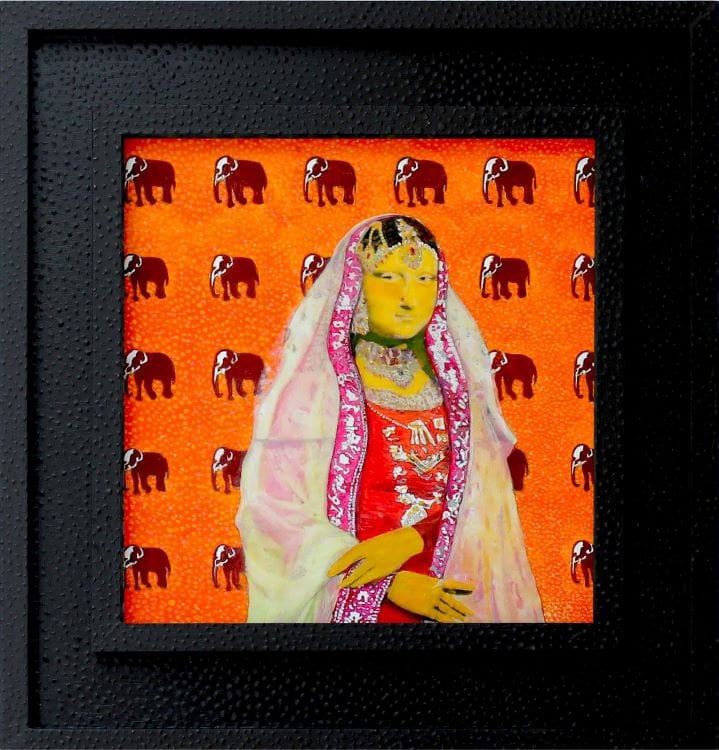 Sri Lankan Mona Lisa in a headscarf with beautiful embroidered border and red dress on an orange background with elephants