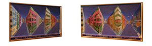 3D painting of colorful city streets and buildings, Tin Tin is in the corner peering to see what adventure awaits him. 