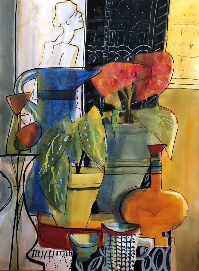 Blue pitcher, orange pitcher, yellow pot, black and white print