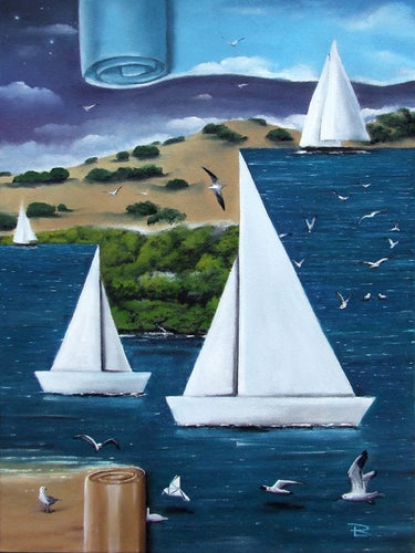 paper sailboats, unfolding paintings, sea, sky, clouds, trees, hills,