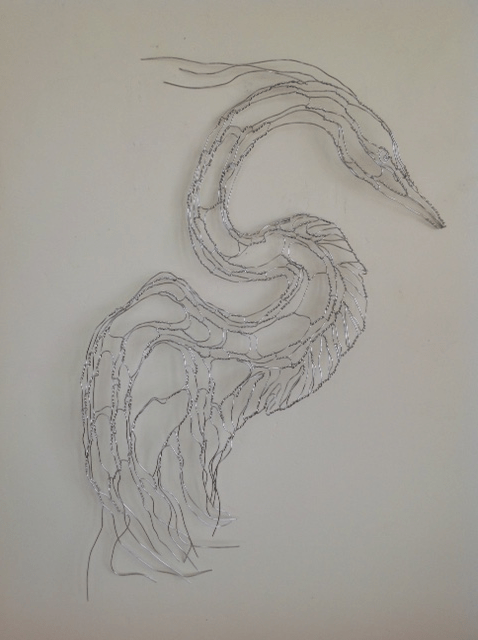 Silver Heron wire sculpture in aluminum wire.