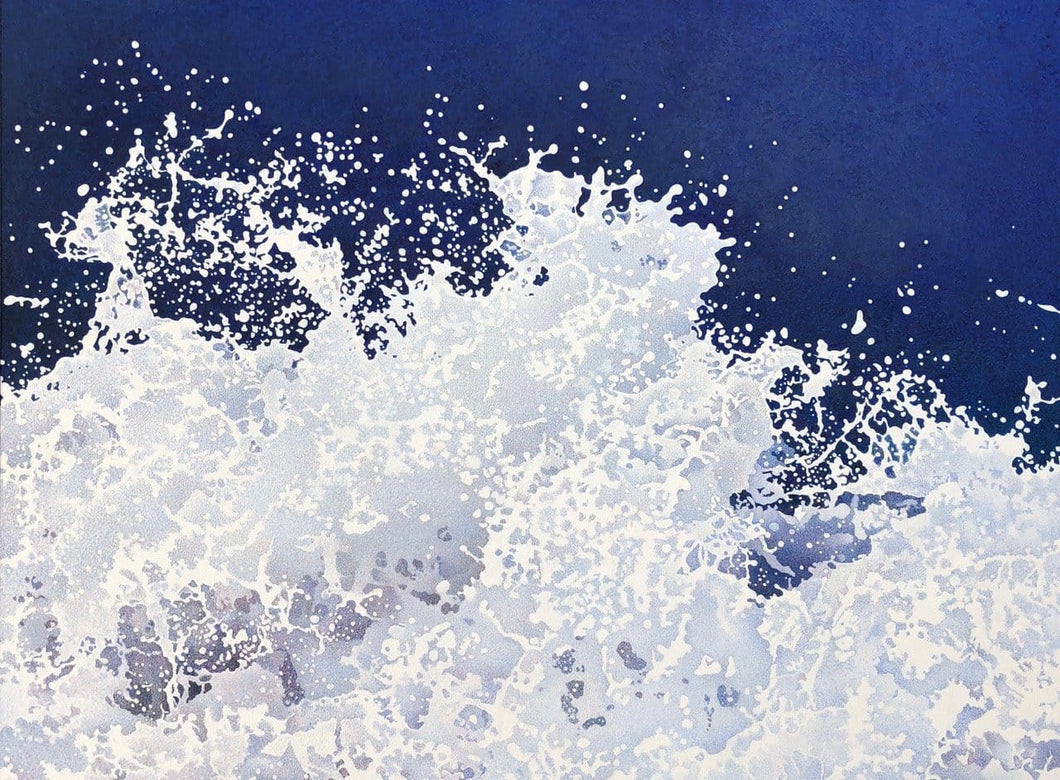 Splash, deep blue and white, depicts the moment water hits the rocks and flies into the air.