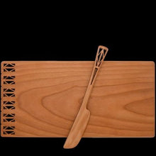 Load image into Gallery viewer, Cheese board and spreader with architectural design, made of cherry wood.
