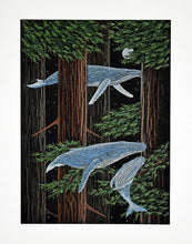 Load image into Gallery viewer, Grey whale family migrates through the redwood forest, while the full moon looks on.
