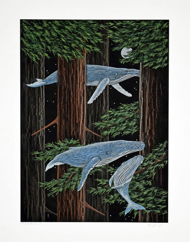 Grey whale family migrates through the redwood forest, while the full moon looks on.