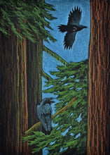 Load image into Gallery viewer, Raven duo in their redwood haven, mixed media drawing, framed - The Highlight Gallery
