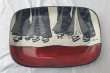 Load image into Gallery viewer, Large tray, red with black, grey and cream with sgrafitto designs - The Highlight Gallery
