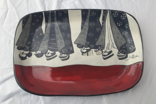 Large tray, red with black, grey and cream with sgrafitto designs - The Highlight Gallery