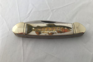 Lahontan Cutthroat Trout Knife, scrimshaw on bone - The Highlight Gallery