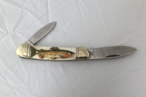 Lahontan Cutthroat Trout Knife, scrimshaw on bone - The Highlight Gallery